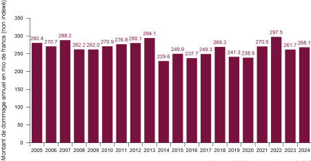 Montant annuel des dommages causés par un incendie (2005-2024) dans les 19 cantons avec un établissement cantonal d’assurance, source Statistiques des dommages de l’UIR
