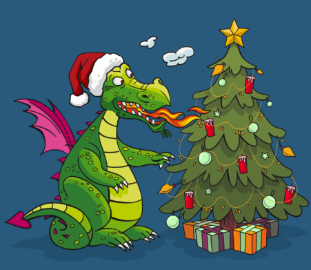 Un dragon allume les bougies du sapin de Noël